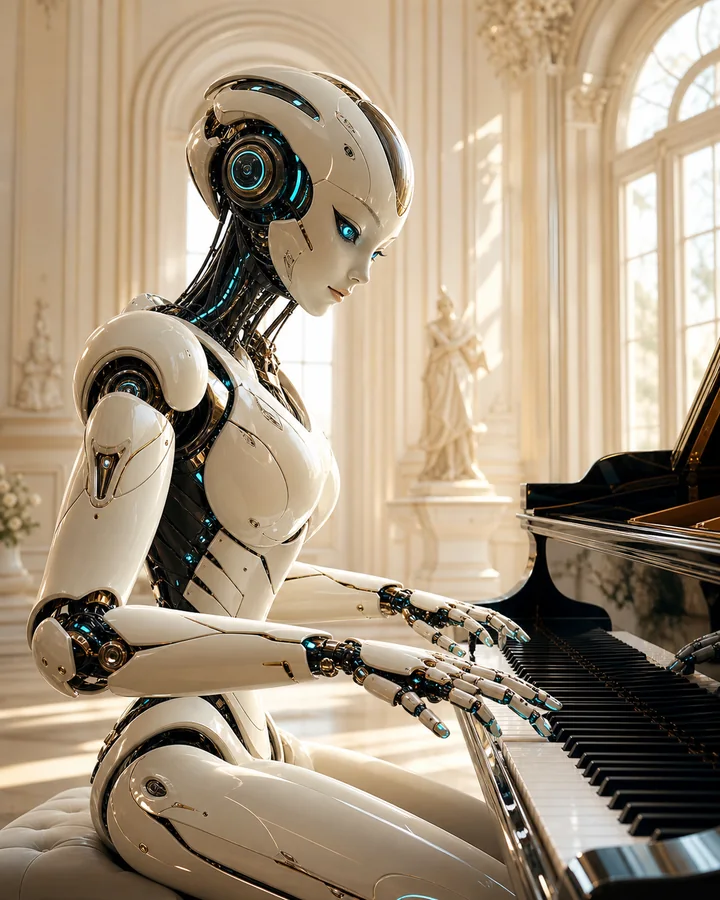 Personagem 3D: robô virtuose tocando piano